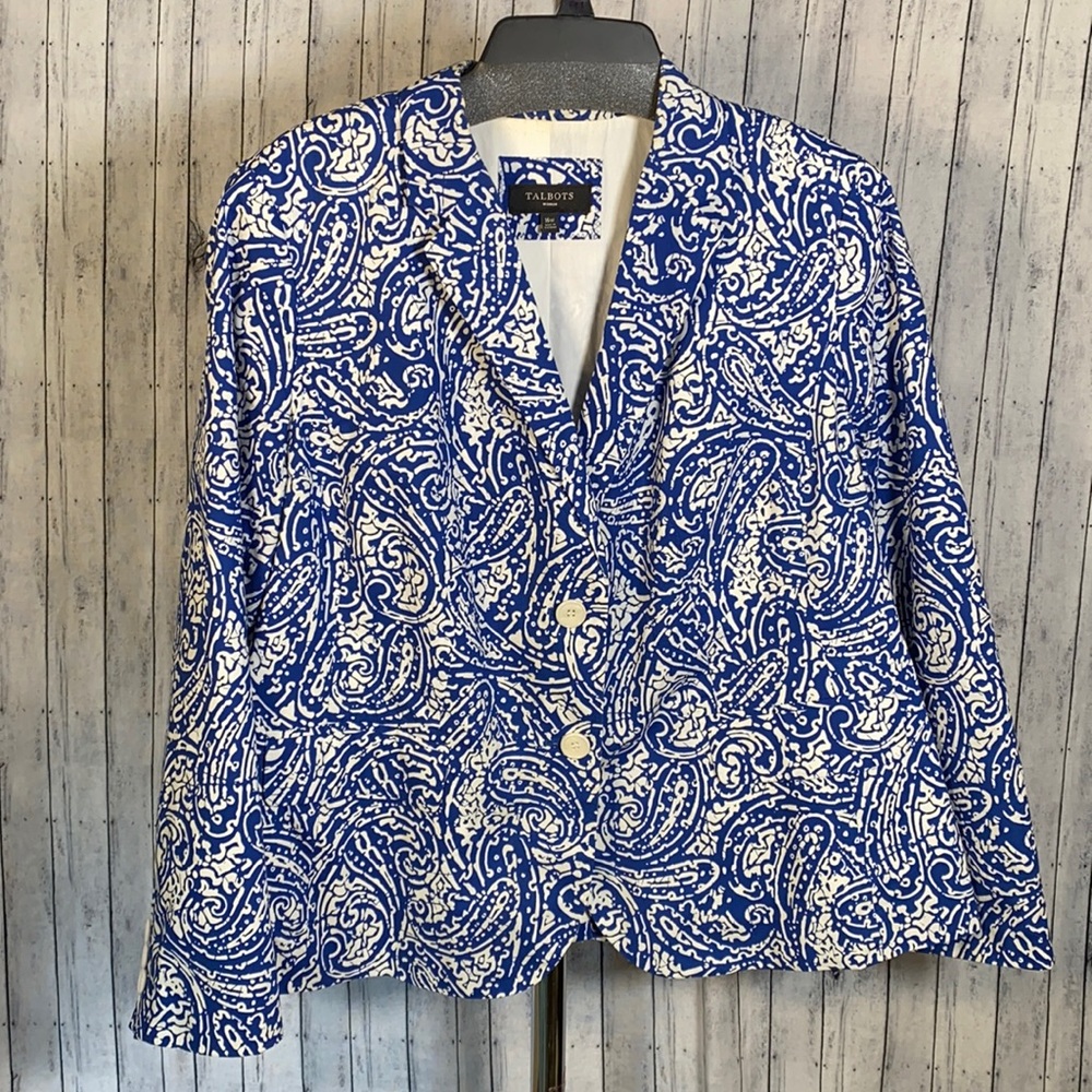 Talbots Abstract Blue & White Paisley Blazer 16W